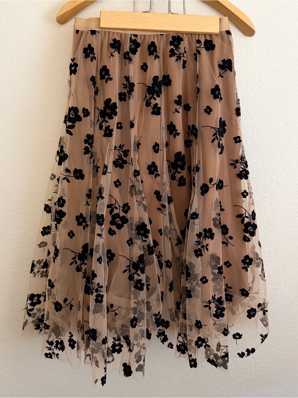 Wish Nude Tulle Midi Skirt with Black Floral Appliqué
